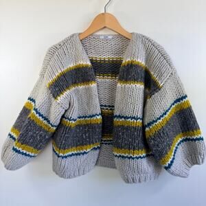 Maiami 100% Merino Wool Classic Bohemian Striped Open Cardigan Hand Knit Sweater